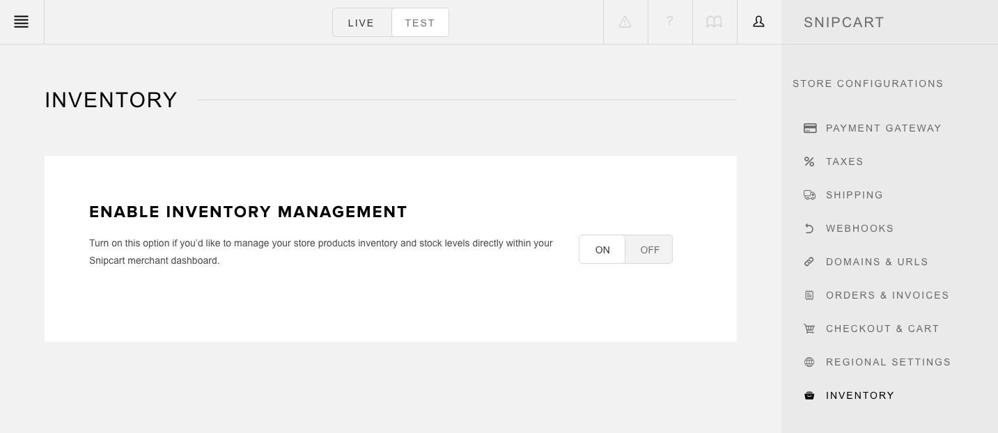 Enabling inventory management toggle in Snipcart dashboard